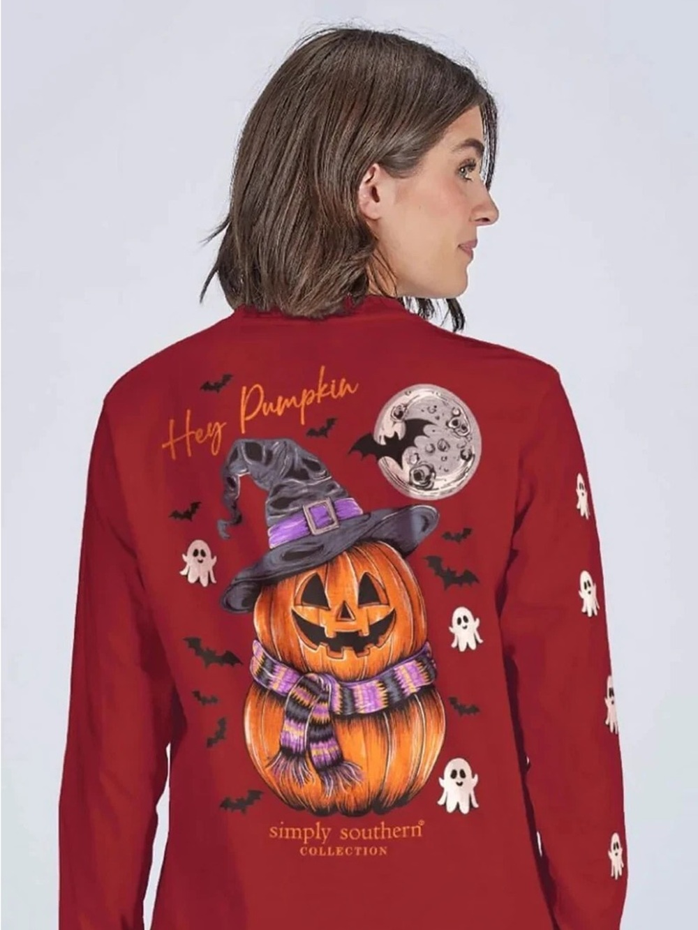 Simply Southern "Hey Pumpkin" Long Sleeve T-Shirt in a carmine maroon color